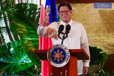 President Ferdinand Marcos Jr. shares a ceremonial toast with H.E. Mohammed Rida El Fassi, Vice Dean of the Diplomatic Corps, during the Vin d’Honneur at Malacañan Palace on 12 June 2025. The wine reception, held for government officials and members of the diplomatic corps, is one of two annual events hosted by the President to mark national celebrations.