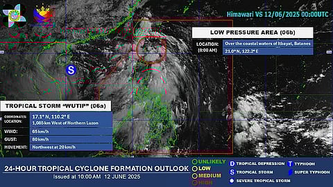 SATELLITE image of PAGASA showing both Tropical Storm "Wutip," which is outside the Philippine Area of Responsibility and the low pressure are over the coastal waters of Batanes