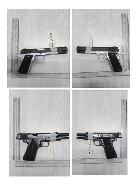 TWO .45-caliber pistols with defaced serial numbers seized during a buy-bust operation in Taguig City on 13 June.