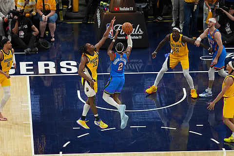 SHAI Gilgeous-Alexander #2 of the Oklahoma City Thunder shoots the ball during the game against the Indiana Pacers during Game Four of the 2025 NBA Finals on June 13, 2025 at Gainbridge Fieldhouse in Indianapolis, Indiana.