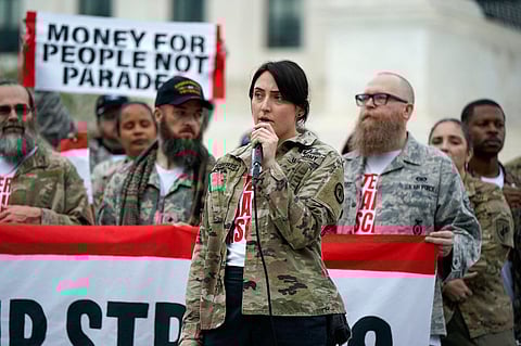 WASHINGTON, DC - JUNE 13: Rebecca Roberts speaks outside the U.S. Supreme Court during a protest of the upcoming parade for the Army’s 250th anniversary, which falls on President Donald Trump's birthday, on June 13, 2025 in Washington, DC. 