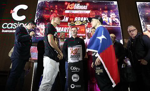 Nonito Donaire (left) and his Chilean opponent Andres Campos engage in a staredown on the eve of their clash for the interim WBA bantamweight title in Buenos Aires, Argentina.