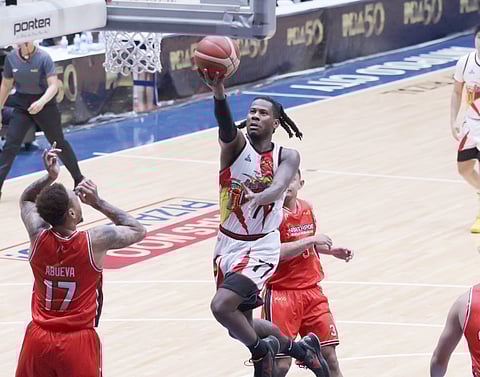 CJ Peres soars with a 24-point production in San Miguel’s 126-91 win over NorthPort in their PBA Philippine Cup game Sunday at the Ynares Center in Antipolo.
