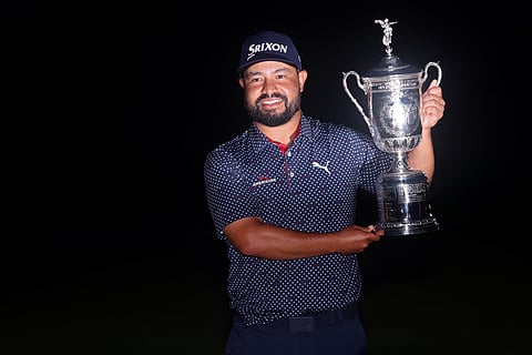 J. J. SPAUN of the United States poses with the trophy after winning during the final round of the 125th U.S. OPEN at Oakmont Country Club on June 15, 2025 in Oakmont, Pennsylvania