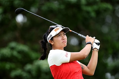 (FILES) Bianca Pagdanganan will also be playing at the Women's PGA Championship starting Thursday. Here she plays her shot on the eighth tee during the second round of the ShopRite LPGA Classic presented by Acer 2025 at Seaview Bay Course on June 07, 2025 in Galloway, New Jersey. 

