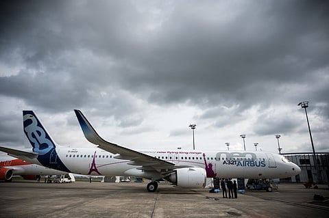 (FILES) This general view during an Airbus summit shows an Airbus A321 neo aircraft at the Airbus delivery center in Colomiers near Toulouse, south-western France on September 21, 2021. Vietnamese carrier Vietjet has ordered 100 single-aisle A321neo jets from Airbus, the European plane maker said June 17, 2025, in the latest deal announced at the Paris Air Show. The deal would be worth almost $13 billion under 2018 catalogue prices. It includes an option for Vietjet, Vietnam’s largest private airline, to buy a further 50 of the jets at a later date.
