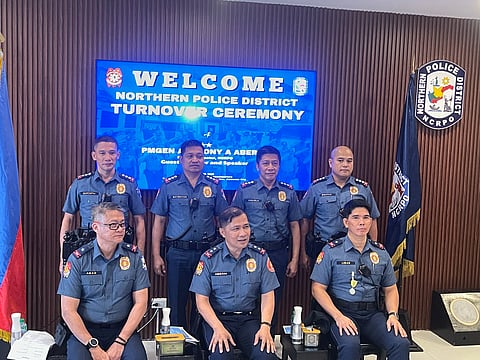 NCRPO Chief PMGEN Anthony Aberin oversees the turnover ceremony as PBGEN Arnold Abad replaces PBGEN Josefino Ligan as the district director of the Northern Police District.