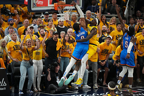 PASCAL Siakam soars for an emphatic dunk to punctuate the Indiana Pacers’ 108-91 win over the Oklahoma City Thunder in Game 6 of their NBA Finals best-of-seven series.