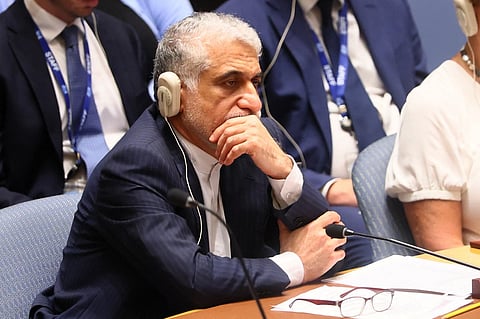 NEW YORK, NEW YORK - JUNE 22: Ambassador Amir Saeid Iravani, Permanent Representative of Iran to the UN, listens as Vasily Nebenzya, Permanent Representative of Russia to the UN, speaks during a United Nations Security Council meeting on threats to international peace and security at the United Nations headquarters on June 22, 2025 in New York City. The Security Council held a meeting one day after U.S. President Donald Trump made an announcement that the U.S. had bombed nuclear sites in Iran, joining Israel in the bombing of the country. The meeting was requested by Iran and comes as Russia, China and Pakistan proposed that the 15 member body adopt a resolution calling for an immediate and unconditional ceasefire in the Middle East. 