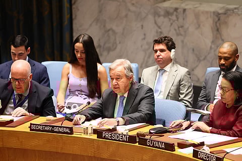 NEW YORK, NEW YORK - JUNE 22: António Guterres, UN Secretary-General, speaks during a United Nations Security Council meeting on threats to international peace and security at the United Nations headquarters on June 22, 2025 in New York City. The Security Council held a meeting one day after U.S. President Donald Trump made an announcement that the U.S. had bombed nuclear sites in Iran, joining Israel in the bombing of the country. The meeting was requested by Iran and comes as Russia, China and Pakistan proposed that the 15 member body adopt a resolution calling for an immediate and unconditional ceasefire in the Middle East. 