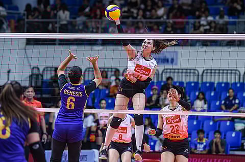 JACKIE Acuna delivers a powerful attack during Cignal's 25-21, 25-22, 25-16 win over Capital1 in their PVL on Tour game on Monday at the Chavit Coliseum in Vigan, Ilocos Sur.