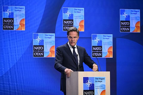 NATO Secretary General Mark Rutte addresses a press conference a day prior to a meeting of The North Atlantic Treaty Organisation (NATO) in The Hague, on June 23, 2025. Ukraine's President is scheduled to participate in person at the June 24-25 NATO summit in The Hague, where NATO members are expected to agree a major increase in defence spending under pressure from US President at the gathering.

