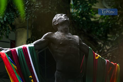 The iconic Oblation statue at the University of the Philippines Manila stands draped in a Pride flag along Padre Faura Street, as the campus joins nationwide celebrations of Pride Month on 23 June 2025—symbolizing solidarity, freedom, and inclusivity.