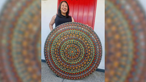 Th46-inch Mandala (red, teal, orange acrylic paint with craft mirrors).