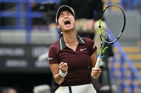 Philippines' Alexandra Eala reacts on match point after beating France's Varvara Gracheva in their women's singles semi-final tennis match on day five of the Lexus Eastbourne International tennis tournament in Eastbourne, southern England, on June 27, 2025.
