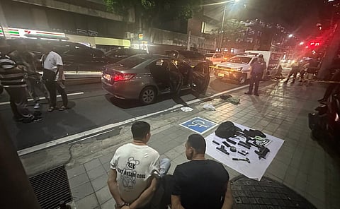 Authorities arrested two Chinese men for allegedly shooting at a Filipino man in Makati City on Thursday night, June 26, 2025. (Photo from the Southern Police District)