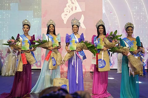 (FROM left) Laksmi Escandor Toelle (Taytay) second runner up; Sunshine Llaniguez (Magsaysay), Mutya ng Turismo; Mechelle del Rosario (Narra), Mutya ng Palawan 2025; Althea Claire Parroco (San Vicente), Mutya ng Baragatan; and  Richgie Mae Dalingding, (Cuyo) first runner-up.