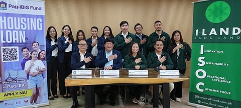 SEATED (from left to right): Anthony L. Maglunsod, Pag-IBIG Vice President of NCR & Regional Sales Group; Fermin A. Sta. Teresa Jr., Pag-IBIG Senior Vice President of Sales/Business Development Sector; May V. Lopez, ISOC Land President; Mar Francisco, ISOC Land Assistant Vice President of Sales Administration; Standing (from left to right): Caryl Mae B. Torio, Danielle C. Paloyo, Jaedine T. Ylade – Pag-IBIG Housing Relationship Officers; Richard M. Roque, Pag-IBIG Division Chief III; Tina Marie I. Gabiosa, Pag-IBIG Department Manager III; Kristian Delos Reyes, ISOC Land Bank Financing Manager; George Mikhael Erandio ISOC Land Legal Supervisor; Austin Bernard Diaz, ISOC Land Marketing Manager; Monica Torio, ISOC Land Bank Financing Supervisor.