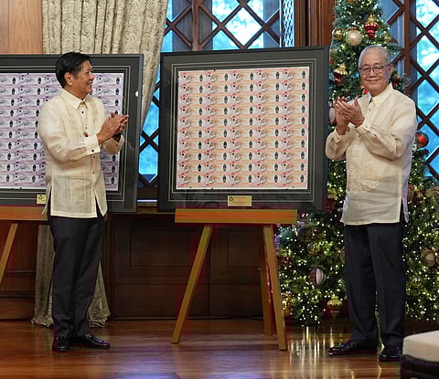 President Ferdinand R. Marcos Jr. (left) received the ‘First Philippine Polymer Banknote Series’ from Bangko Sentral ng Pilipinas Governor Eli M. Remolona Jr. during a ceremony in Malacañang. The polymer series is composed of the 1000-piso polymer banknote, which was introduced in April 2022; as well as new polymer denominations: 500-piso, 100-piso and 50-piso.