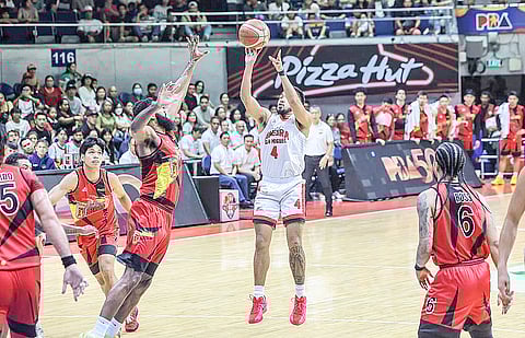 RJ Abarrientos dazzles with 24 points to lead Barangay Ginebra to a 100-90 win over San Miguel Beer in Game 4 of their PBA Philippine Cup semifinal series. Sunday. 