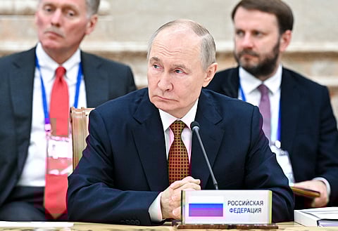 In this pool photograph distributed by the Russian state agency Sputnik, Russia's President Vladimir Putin attends a meeting of the Supreme Eurasian Economic Council at the Independence Palace in Minsk on June 27, 2025.

