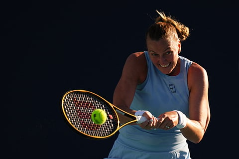 MIAMI GARDENS, FLORIDA - MARCH 18: Petra Kvitova of the Czech Republic returns against Sofia Kenin during their match on Day 1 of the Miami Open at Hard Rock Stadium on March 18, 2025 in Miami Gardens, Florida.