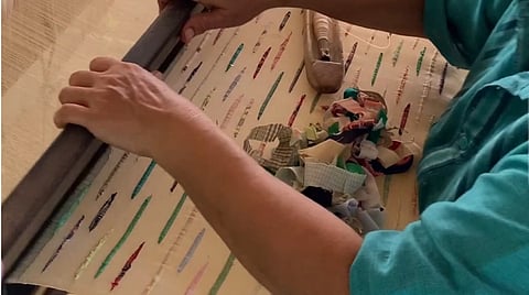 TEXTILE waste weaving involves cutting old fabrics into strips and weaving them into new ones. 