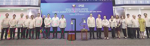 From left: Bank of Philippine Islands President and CEO Jose Teodoro G. Limcaoco, L.T. Group, Inc. President and COO Lucio C. Tan III, China Banking Corporation Chairman Hans T. Sy, GT Capital Holdings, Inc. Chairman Francisco C. Sebastian, SEC Chairperson Atty. Francis Ed. Lim, Senator Sherwin T. Gatchalian, DigiPlus Interactive Corp. Chairman Eusebio H. Tanco, SAPIEA Secretary Frederick D. Go, DOF Secretary Ralph G. Recto, His Excellency Ferdinand R. Marcos Jr., PSE Chairman Jose T. Pardo, PSE President and CEO Ramon S. Monzon, PSE Directors Ma. Vivian Yuchengco, Chief Justice Teresita J. Leonardo-De Castro (ret), and Atty. Marilyn A. Victorio-Aquino, BDO Unibank, Inc. Chairman Teresita Sy-Coson, San Miguel Corporation Vice Chairman and President and COO Ramon S. Ang, PLDT, Inc. Chairman Manuel V. Pangilinan, Robinsons Retail Holdings, Inc. Chairman Robina Gokongwei-Pe and GT Capital Holdings, Inc. Vice Chairman Alfred V. Ty