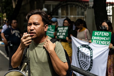 Environmental groups Environmental Defenders Congress (EDC) and Kalikasan People’s Network for the Environment (Kalikasan PNE) stage a protest outside the Department of Justice in Manila on Tuesday, 8 July 2025, in support of Pangasinan activist Francisco “Eco” Dangla.

Dangla is set to appear before the Court of Appeals for the final hearing on petitions for Writ of Amparo and Habeas Data as he seeks for permanent protection. He and fellow activist Joxelle “Jak” Tiong were abducted in Pangasinan in 2024 and claim they were tortured "physically and mentally" for three days by armed, masked men before being released following public outcry.