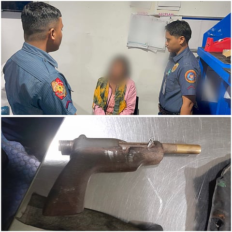A Cotabato-bound passenger (top) is questioned by airport police after an improvised firearm (bottom) was found hidden in her luggage at NAIA Terminal 2.