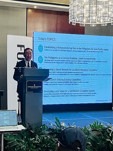 Mitsuki Tomono, executive adviser of FUJIFILM Business Innovation Corp., announces their company's plan to establish a Circular Manufacturing Center, remanufacturing used units of FUJIFILM multi-function printers exported from countries that the firm is currently servicing, namely South Korea, Taiwan, Hong Kong, Malaysia, Vietnam, Thailand, Singapore, New Zealand, and Australia.