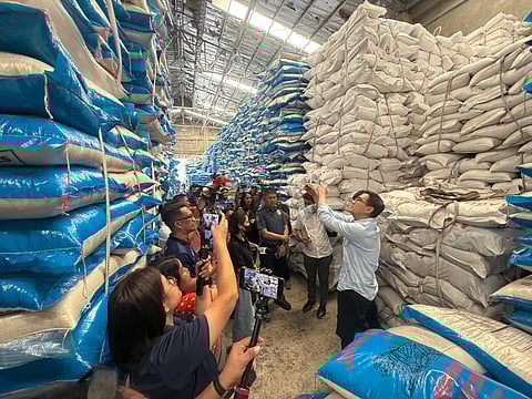 SPECIAL Assistant to the President for Economic and Investment Affairs, Secretary Frederick Go, and members of the Anti-Economic Sabotage Council inspect the P38 million worth 'smuggled' rice during an inspection in Talisay City, Cebu, last month.