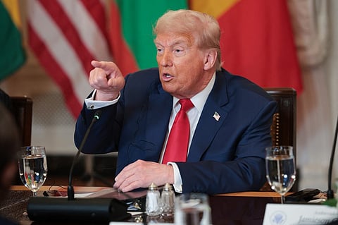 WASHINGTON, DC - JULY 09: U.S. President Donald Trump answers questions during a multilateral lunch with African leaders in the State Dining Room of the White House July 9, 2025 in Washington, DC. The leaders of Gabon, Guinea-Bissau, Liberia, Mauritania and Senegal met with Trump during the luncheon. 
