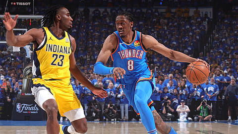 Jalen Williams #8 of the Oklahoma City Thunder handles the ball during the game against the Indiana Pacers during Game Seven of the 2025 NBA Finals on June 22, 2025 at Paycom Center in Oklahoma City, Oklahoma. 
