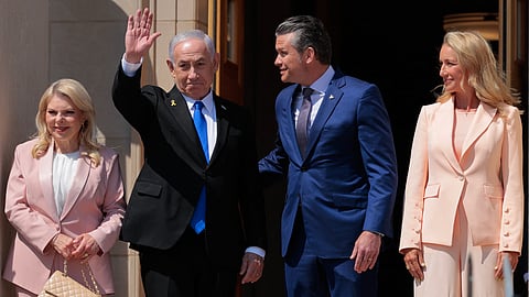 U.S. Secretary of Defense Pete Hegseth and his wife Jennifer Hegseth (R) host Israeli Prime Minister Benjamin Netanyahu and his wife Sara Netanyahu for an honor cordon at the Pentagon on July 09, 2025 in Arlington, Virginia.