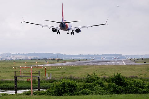 A Southwest Airlines Boeing 737-8 MAX airplane prepares to land at Ronald Reagan Washington National Airport in Arlington, Virginia, on 10 July 2025.
