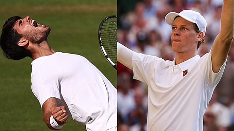 CARLOS Alcaraz roars after reaching his third straight final following a 6-4, 5-7, 6-3, 7-6 (8/6) win over Taylor Fritz in the men’s singles semifinal of the Wimbledon Championships, JANNIK Sinner celebrates after posting a 6-3, 6-3, 6-4 crushing of Novak Djokovic in the men’s singles semifinals event of the Wimbledon Championships. He will face Carlos Alcaraz in the final.