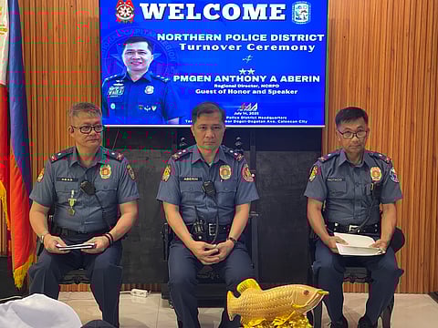 Incoming Manila Police District Acting Director Brig. Gen. Arnold Abad (left) handed over the leadership of the Northern Police District to Acting Director Brig. Gen. Jerry Protacio (right)