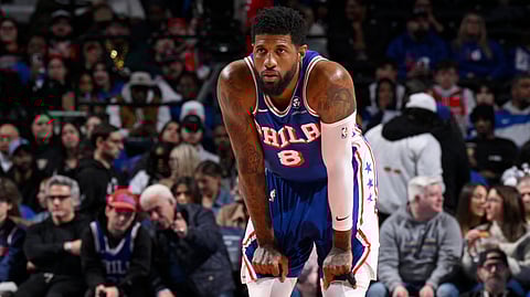 PHILADELPHIA, PA - FEBRUARY 24: Paul George #8 of the Philadelphia 76ers looks on during the game against the Chicago Bulls on February 24, 2025 at the Wells Fargo Center in Philadelphia, Pennsylvania.