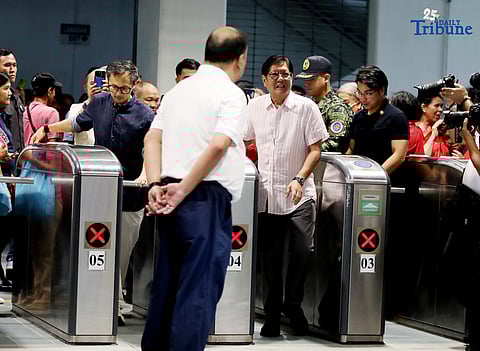 President Ferdinand Marcos Jr. leads the launch of the 50% train fare discount for senior citizens and persons with disabilities at the MRT-3 Santolan-Annapolis Station in Quezon City on Tuesday, July 16, 2025. Joining him are Transportation Secretary Vince Dizon and MRT-3 General Manager Michael Capati.