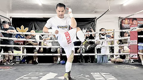 MANNY Pacquiao sets the Knuckleheads Boxing Gym on fire as he displays his speed during an open workout ahead of his WBC welterweight title fight against Mario Barrios at the MGM Grand in Las Vegas.  