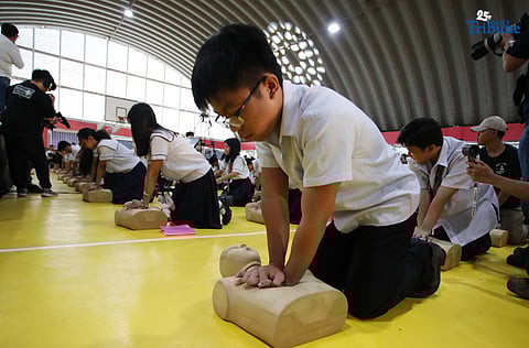  Students of Nangka High School in Marikina City take part in the 2nd National CPR Day and Nationwide Mass CPR Training on Thursday, in observance of National Cardiopulmonary Resuscitation (CPR) Day as mandated by Republic Act No. 10871, or the Samboy Lim Law. The training was organized by the Philippine Heart Association in partnership with the Marikina City government.