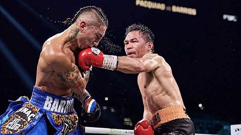 MARIO Barrios suffers a punishing blow from Manny Pacquiao during their WBC welterweight title fight on Sunday (Manila time) at the MGM Grand Garden Arena in Las Vegas. 