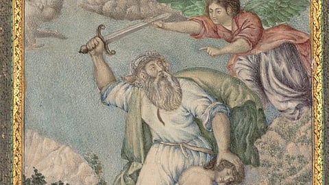 The painting at the center of this page is copied after a Flemish engraving, and depicts the biblical story of Abraham's sacrifice of his son Isaac. European paintings and engravings were first available in Iran and copied during the Safavid period (1501–1722), and this scene in particular remained popular through the eighteenth and nineteenth centuries. This version is in fact quite similar to a seventeenth-century painting signed by the Safavid artist Muhammad Zaman. The painting has been set into a frame with a dense flower and bird (gul-o-bul-bul) design, signed by Fathallah Sani'zada. The inscriptional medallion at the bottom of the page that gives his name also dedicates the work to Vusuq al-Dawleh, who was prime minister at the time.
