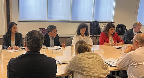 Huddled to talk free trade are (from left) Philippine Trade and Investment Center Brussels Commercial Counsellor Magnolia Ashley, Department of Trade and Industry Undersecretary Allan B. Gepty, BusinessEurope Deputy Director General Luisa Santos, DG Trade Director Dora Correia and DG Trade Mikkel Sejber. Other panelists are on the other side of the table.