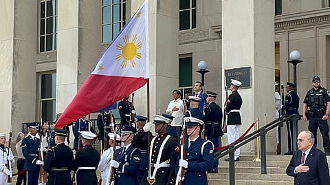 ARLINGTON, Virginia -- President Ferdinand Marcos Jr. arrives at the Pentagon with United States Secretary of Defense Pete Hegseth. 