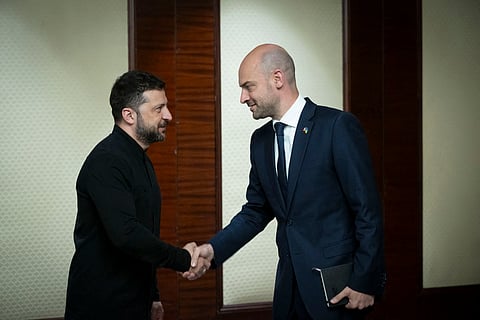 UKRAINIAN President Volodymyr Zelensky (left) welcoming French Foreign Minister Jean-Noel Barrot prior to talks in Kyiv, amid the Russian invasion in Ukraine.