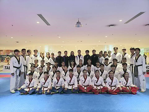 Members of the SMART/MVPSF PH taekwondo, led by PTA secretary general Rocky Samson, pose before heading for the 2025 Asian Junior, Cadet Taekwondo Championships from 24 July to 1 August in Kuching, Malaysia.