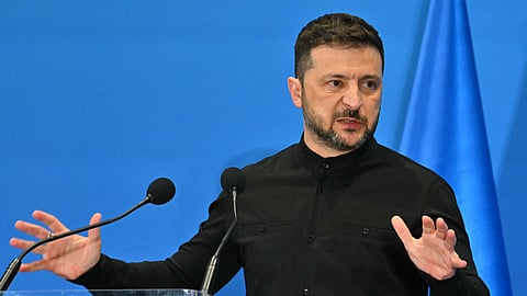 Ukraine's President Volodymyr Zelensky addresses a press conference during The Ukraine Recovery Conference 2025 (URC2025) at The Roma Convention Centre in Rome on July 10, 2025. The meeting of international leaders is aimed at mobilising support -- including private investment -- for the reconstruction of Ukraine, even as Russia steps up its attacks.
