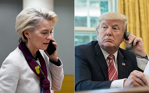 (COMBO) This combination of file pictures created on July 7, 2025 shows: (L) President of the European Commission Ursula von der Leyen speaking on the phone as she arrives for a EU Summit, at the EU headquarters in Brussels, on March 24, 2023; and (R) US President Donald Trump waiting to speak on the phone with Irish Prime Minister in the Oval Office at the White House in Washington, DC, on June 27, 2017. EU chief Ursula von der Leyen and US President Donald Trump had a "good exchange" about trade as Brussels seeks a deal to avoid steep tariffs before a July 9 deadline, a European Commission spokesman said on July 7, 2025.
